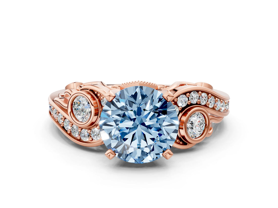 Rose gold Fancy Blue Round Cut Diamond Solitaire Ring with Milgrain Pavé Band and Four-Prong Setting_172
