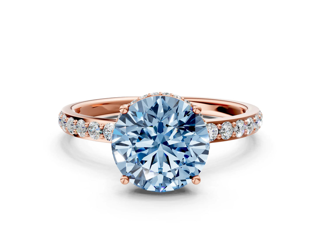 Rose gold Fancy Blue Round Cut Diamond Solitaire Ring with Pavé Band and Hidden Halo_20
