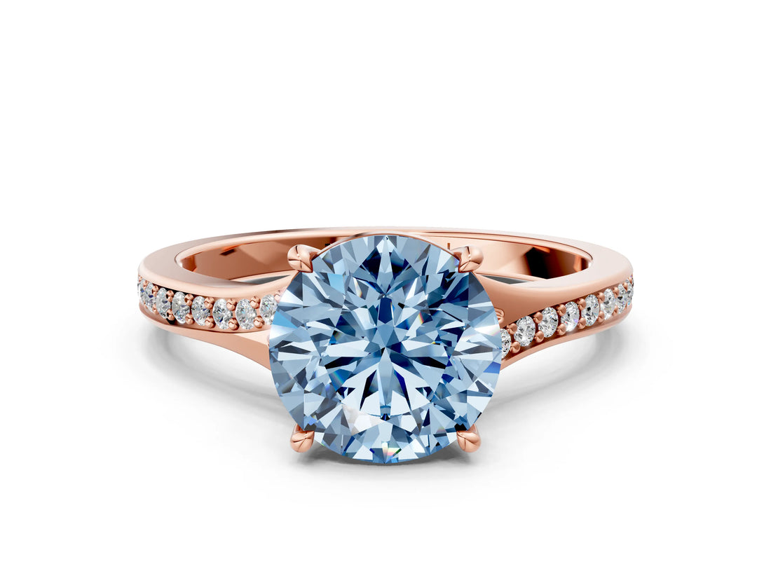 Rose gold Fancy Blue Round Cut Diamond Solitaire Ring with Pavé Band and Prong Setting_12