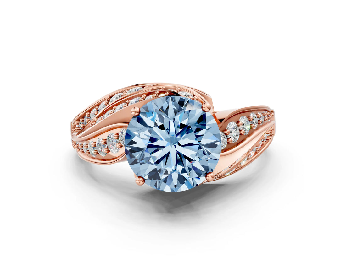 Rose gold Fancy Blue Round Cut Diamond Solitaire Ring with Prong Setting and Twisted Pavé Band