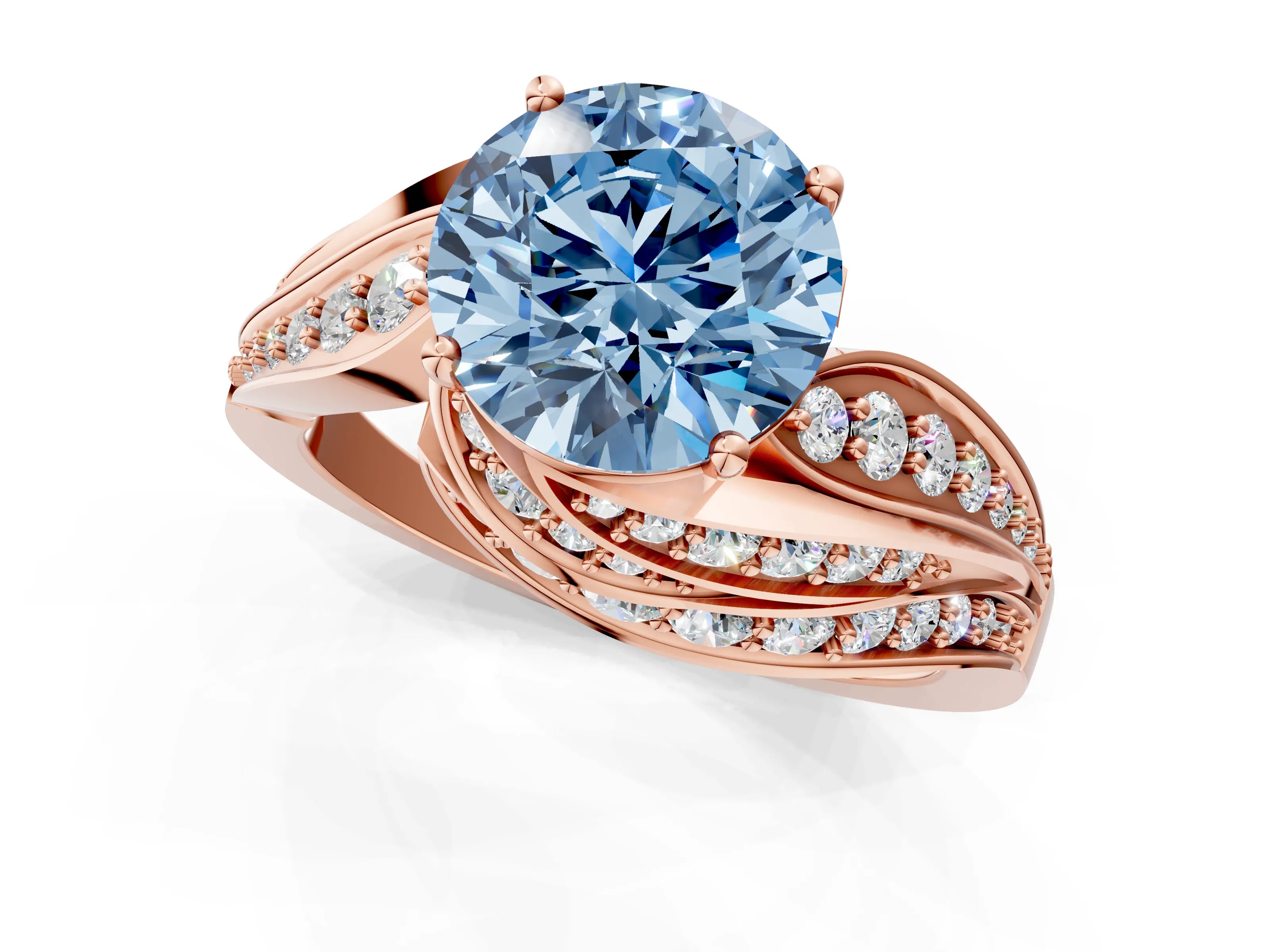 Rose gold Fancy Blue Round Cut Diamond Solitaire Ring with Prong Setting and Twisted Pavé Band_1
