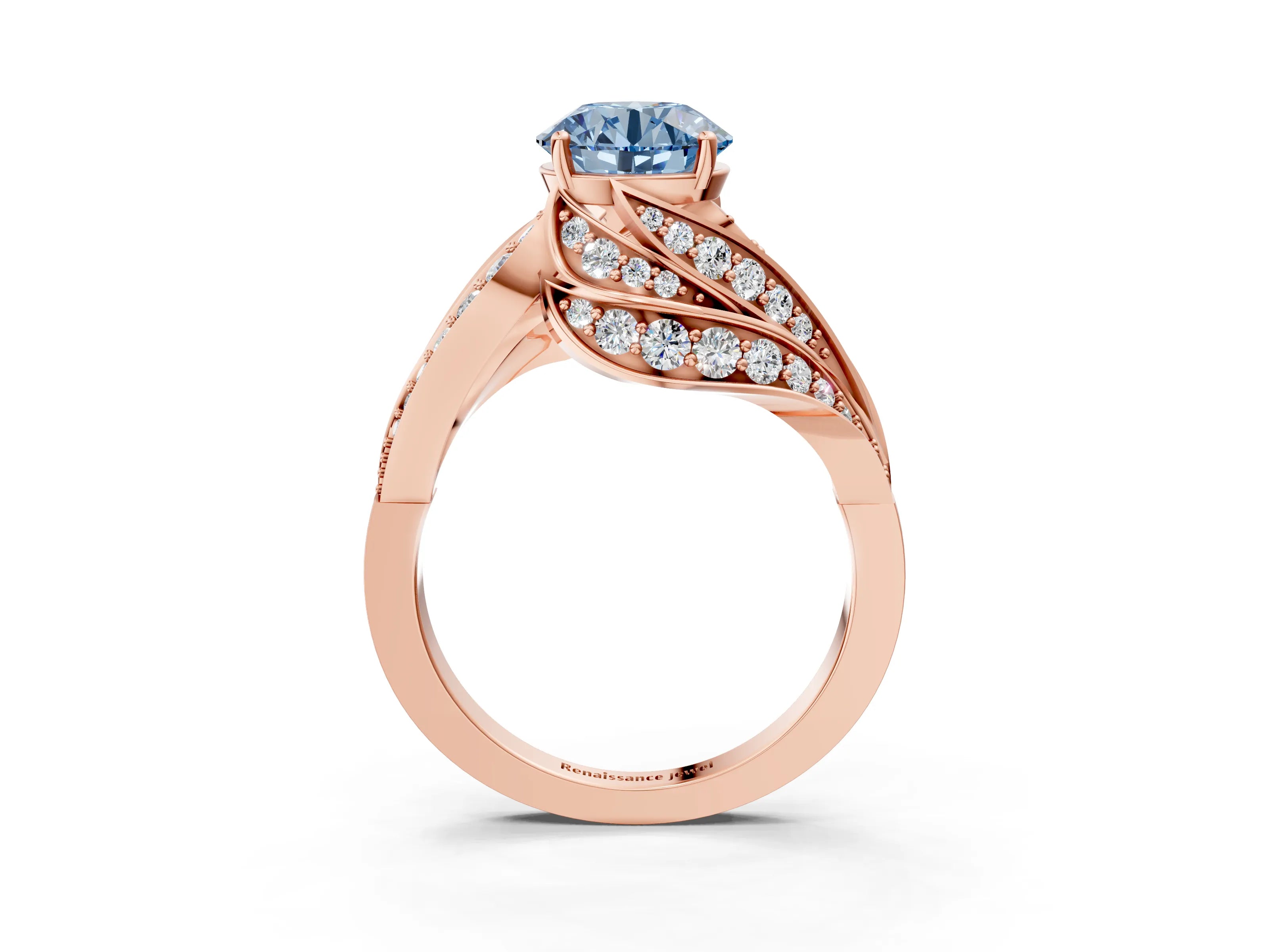 Rose gold Fancy Blue Round Cut Diamond Solitaire Ring with Prong Setting and Twisted Pavé Band_3
