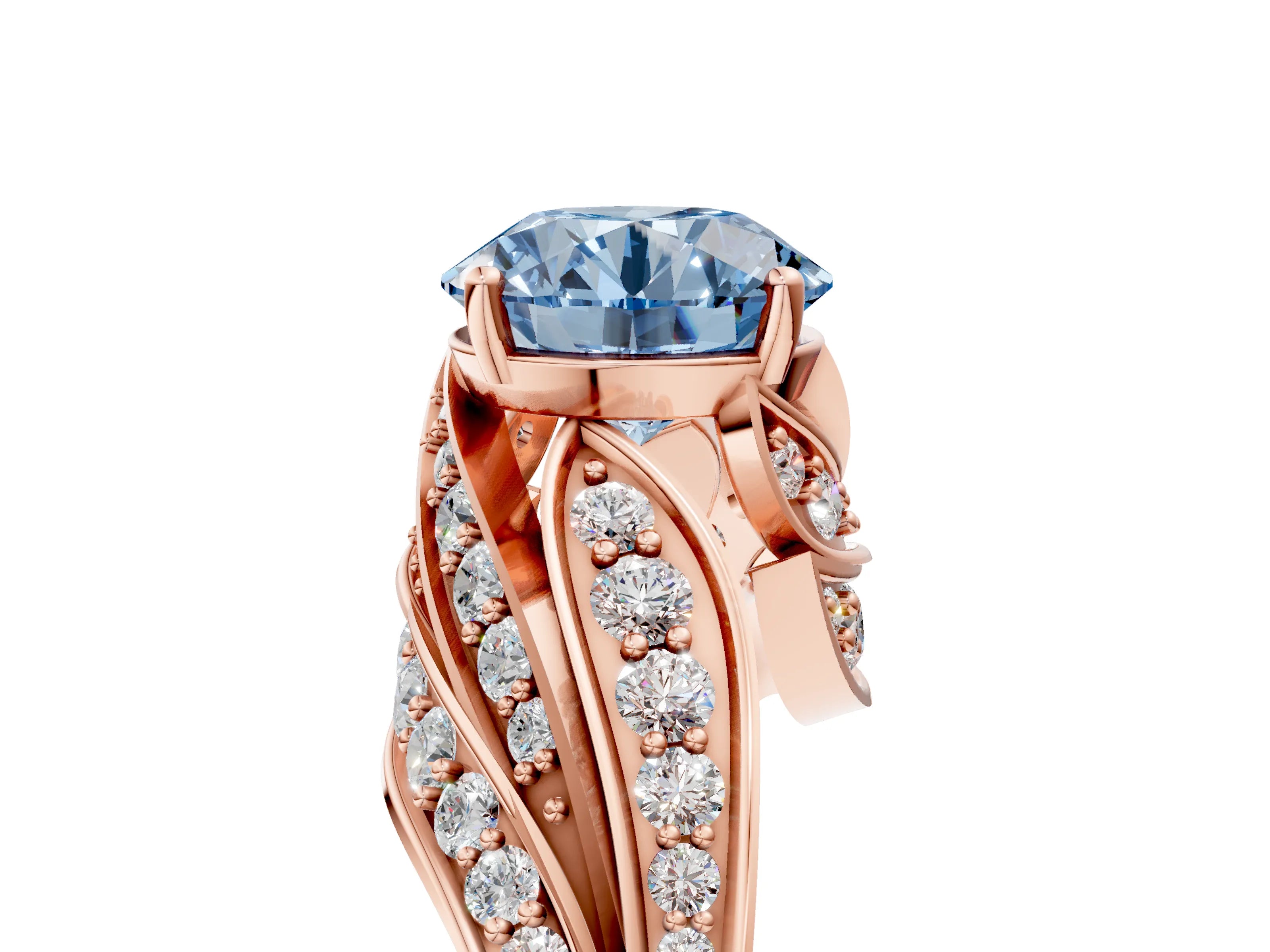 Rose gold Fancy Blue Round Cut Diamond Solitaire Ring with Prong Setting and Twisted Pavé Band_5