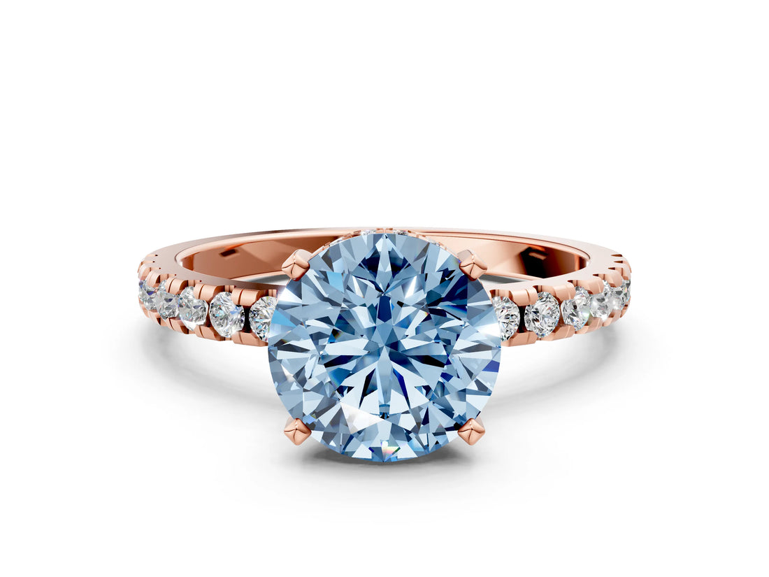 Rose gold Fancy Blue Round Cut Diamond Solitaire Ring with Round  Pavé Band and Four-Prong Setting_36