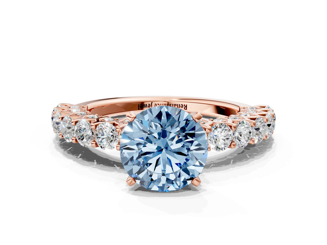 Rose gold Fancy Blue Round Cut Diamond Solitaire Ring with Shared Prong Pavé Band and Four-Prong Setting_58