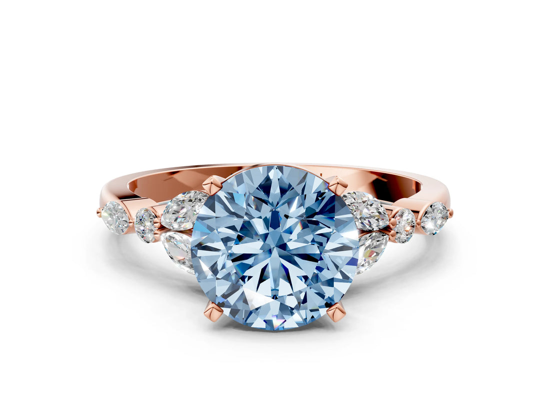 Rose gold Fancy Blue Round Cut Diamond Solitaire Ring with Side Stones and Four-Prong Setting_50