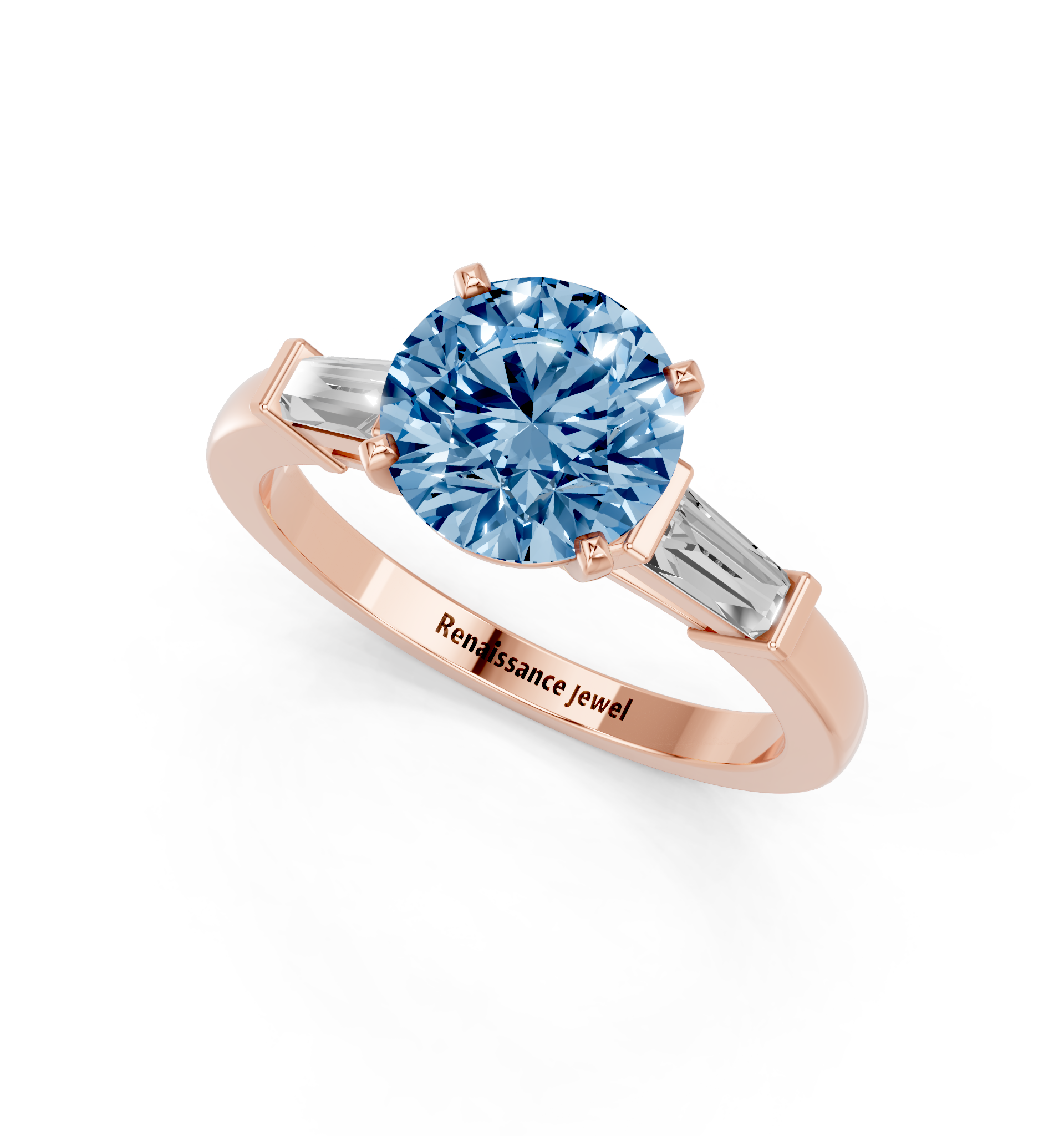 Rose gold Fancy Blue Round  Cut Diamond Solitaire Ring with Tapered Baguette Accents and Four-Prong Setting_2