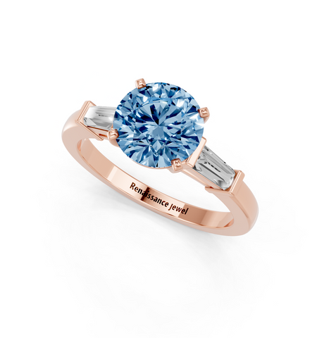 Rose gold Fancy Blue Round  Cut Diamond Solitaire Ring with Tapered Baguette Accents and Four-Prong Setting_2