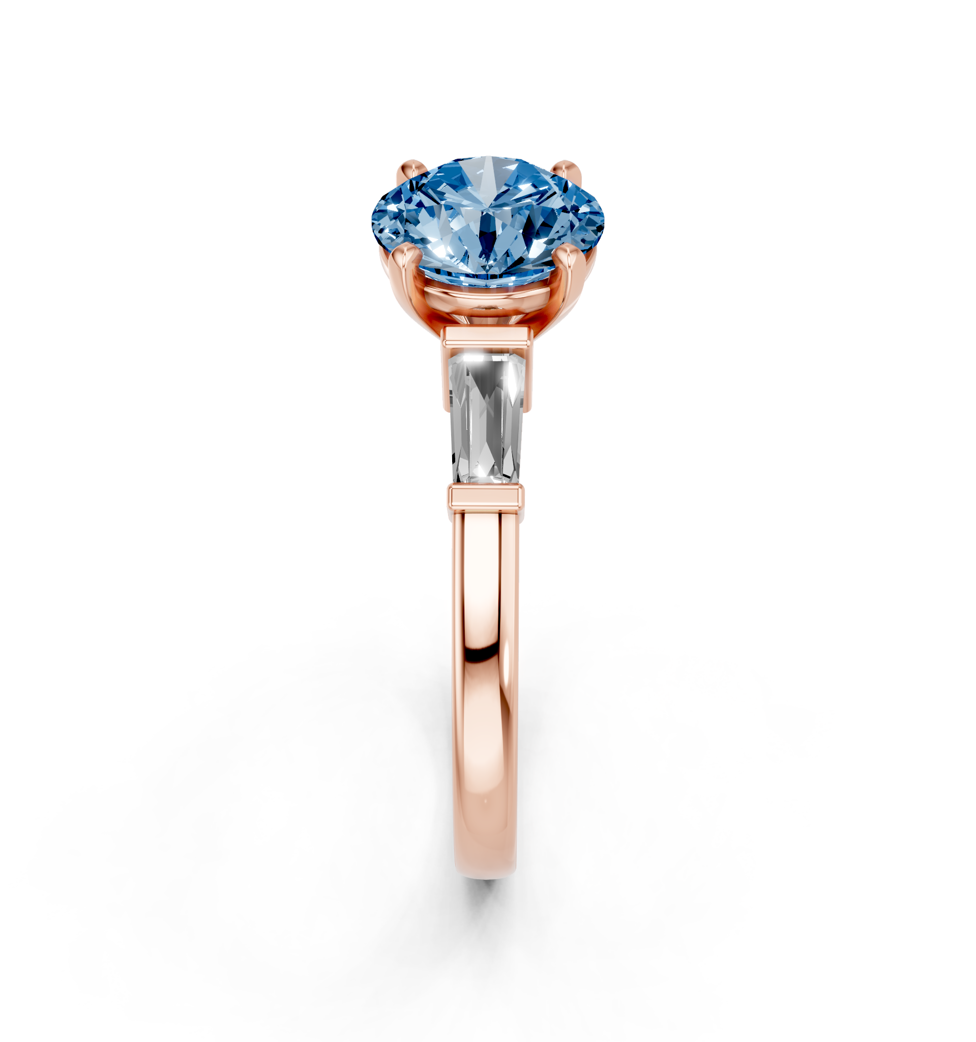 Rose gold Fancy Blue Round  Cut Diamond Solitaire Ring with Tapered Baguette Accents and Four-Prong Setting_3