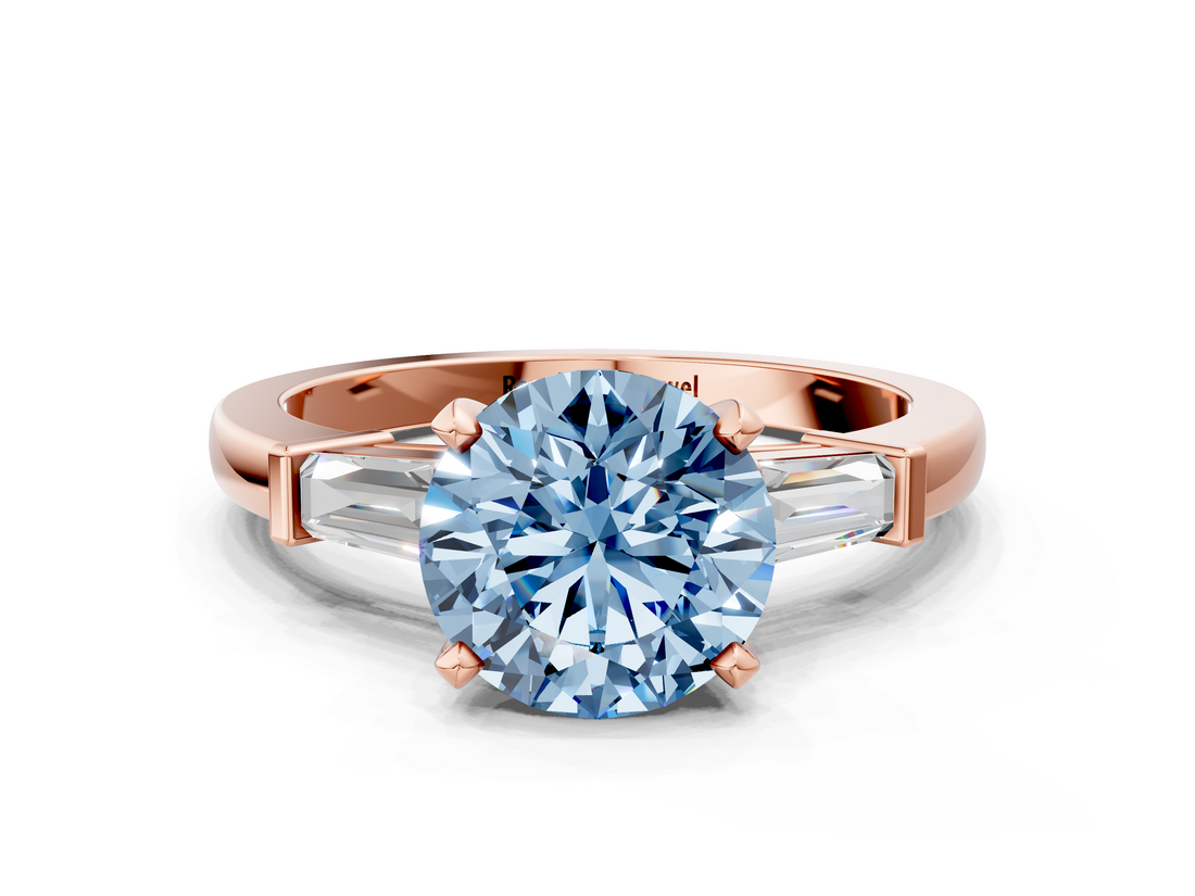 Rose gold Fancy Blue Round  Cut Diamond Solitaire Ring with Tapered Baguette Accents and Four-Prong Setting_76