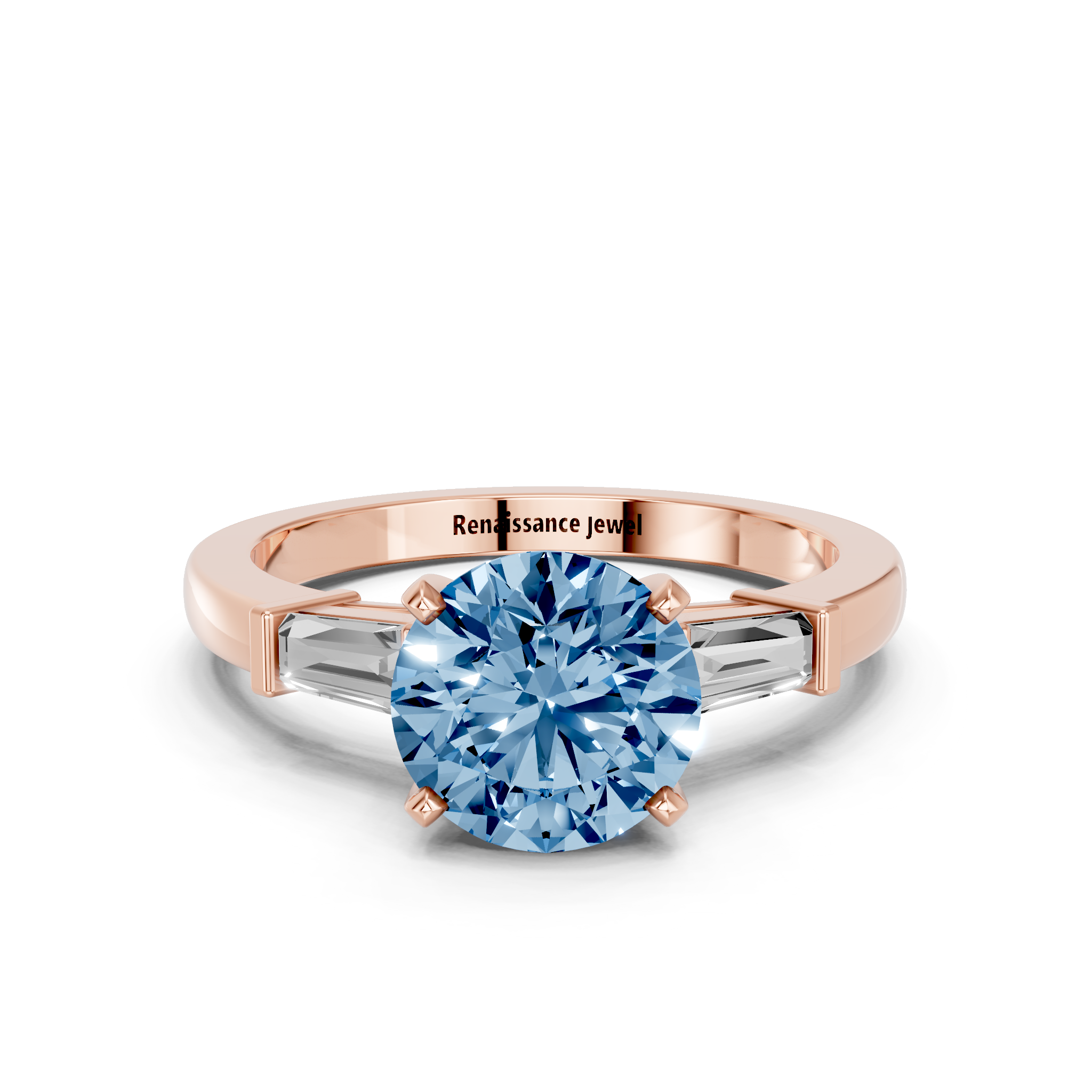 Rose gold Fancy Blue Round  Cut Diamond Solitaire Ring with Tapered Baguette Accents and Four-Prong Setting_8