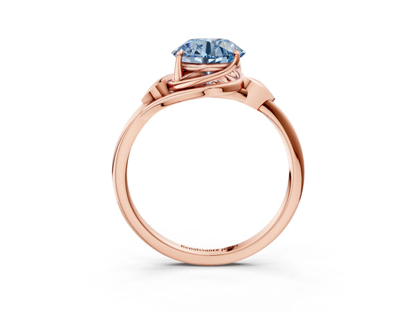 Rose gold Fancy Blue Round Cut Diamond Solitaire Ring with Twist Band and Four-Prong Setting