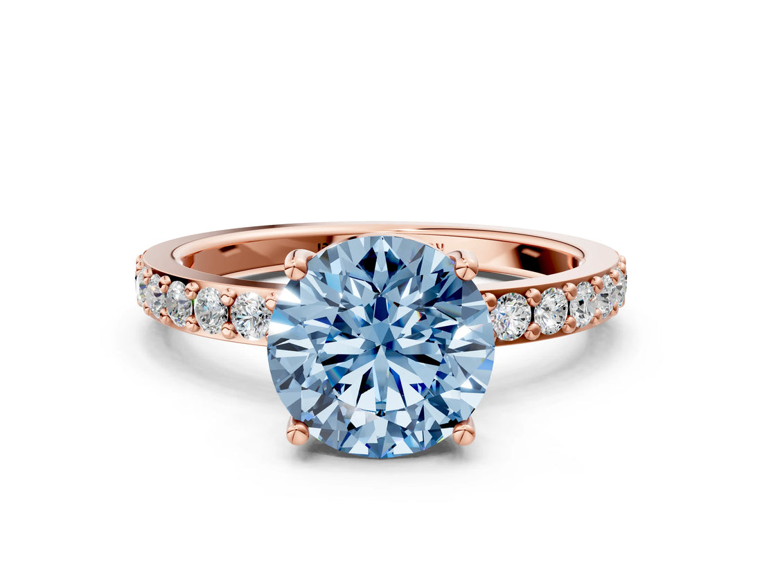 Rose gold Fancy Blue Round  Cut Diamond Solitaire with Pave Band and Four-Prong Setting 1