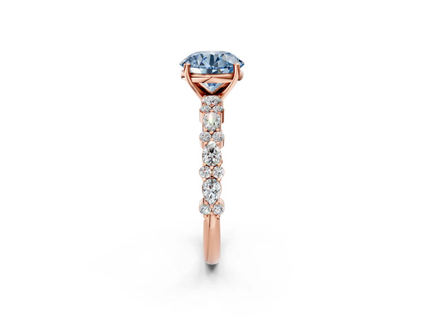Rose Gold Round Side Stone Engagement Ring Setting for Fancy Blue Center with Pear and Round Accents
