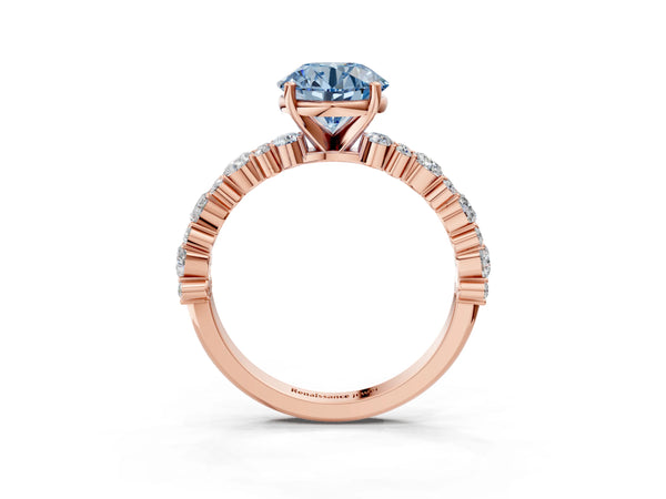 Rose Gold Round Side Stone Engagement Ring Setting for Fancy Blue Center with Pear and Round Accents