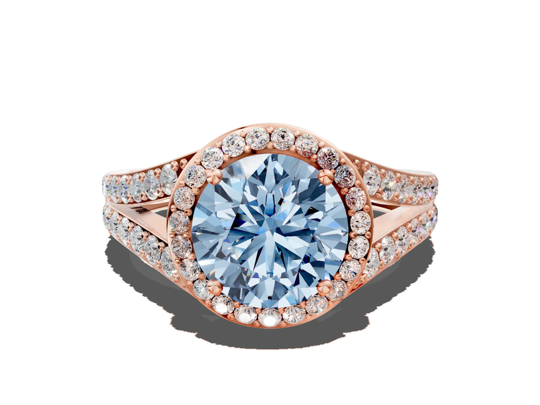 Rose gold Fancy Blue Round Cut Diamond Split Shank Halo Ring with Four-Prong Setting_58