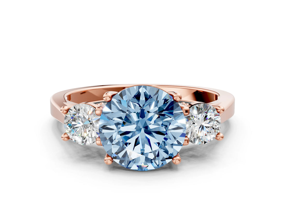 Rose gold Fancy Blue Round Cut Diamond Three-Stone Engagement Ring with Prong Setting and Pavé Band