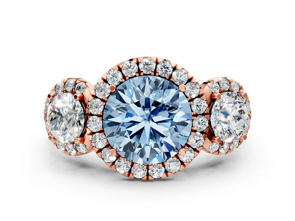 Rose gold Fancy Blue Round Cut Diamond Three-Stone Halo Ring with Prong Setting and Pavé Accents