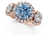 Rose gold Fancy Blue Round Cut Diamond Three-Stone Halo Ring with Prong Setting and Pavé Accents_1