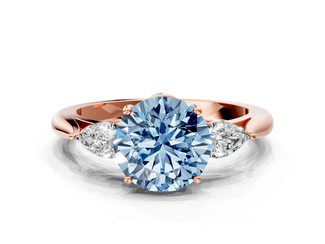 Rose gold Fancy Blue Round Cut Diamond Three-Stone Ring with Pear Side Stones and Four-Prong Setting_60