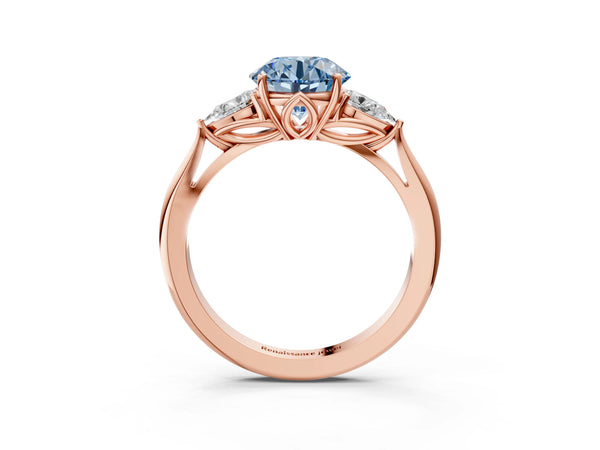 Rose Gold Round Three Stone Pear Side Engagement Ring Setting for Fancy Blue Center