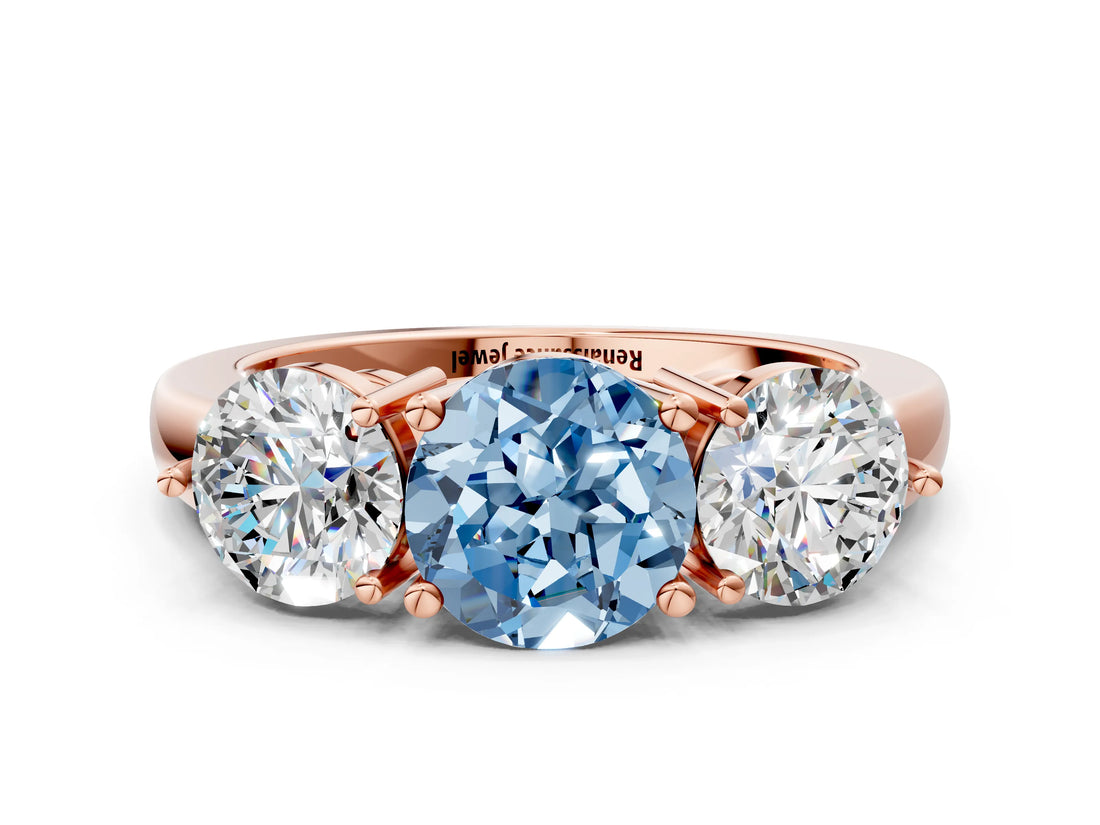 Rose gold Fancy Blue Round Cut Diamond Three-Stone Ring with Prong Setting and Classic Band_109