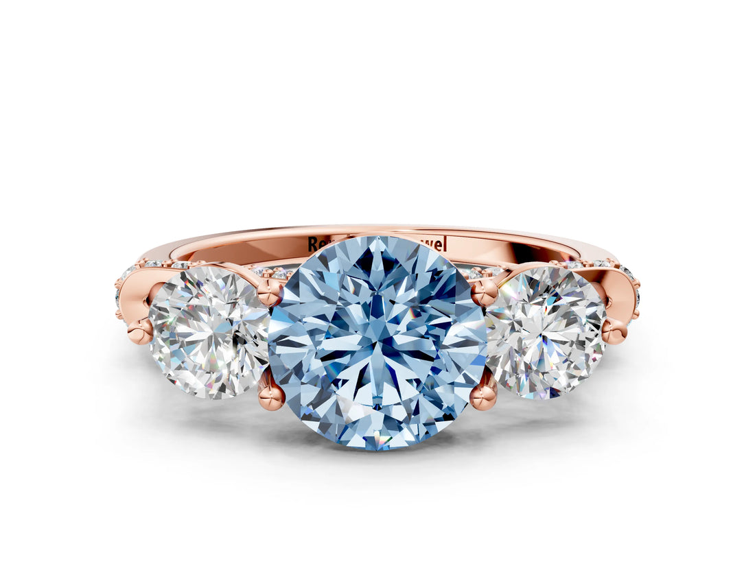 Rose gold Fancy Blue Round Cut Diamond Three-Stone Ring with Prong Setting and Pavé Band