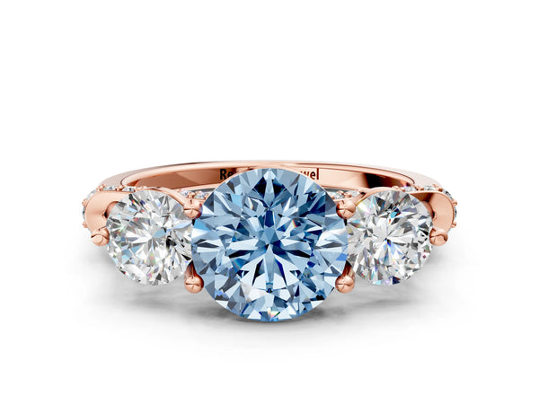 Rose Gold Round Curved Pave Three Stone Engagement Ring Setting for Fancy Blue Center