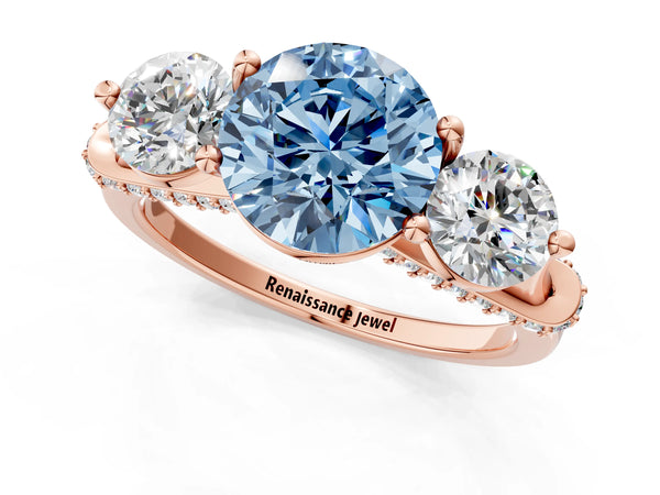 Rose Gold Round Curved Pave Three Stone Engagement Ring Setting for Fancy Blue Center