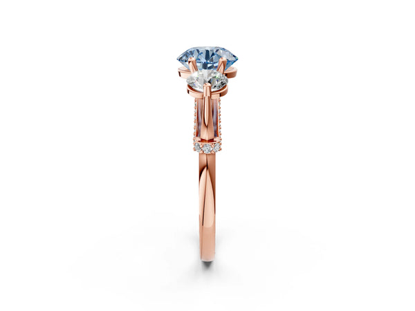 Rose Gold Round Curved Pave Three Stone Engagement Ring Setting for Fancy Blue Center