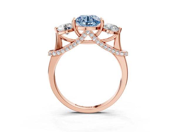 Rose Gold Round Curved Pave Three Stone Engagement Ring Setting for Fancy Blue Center