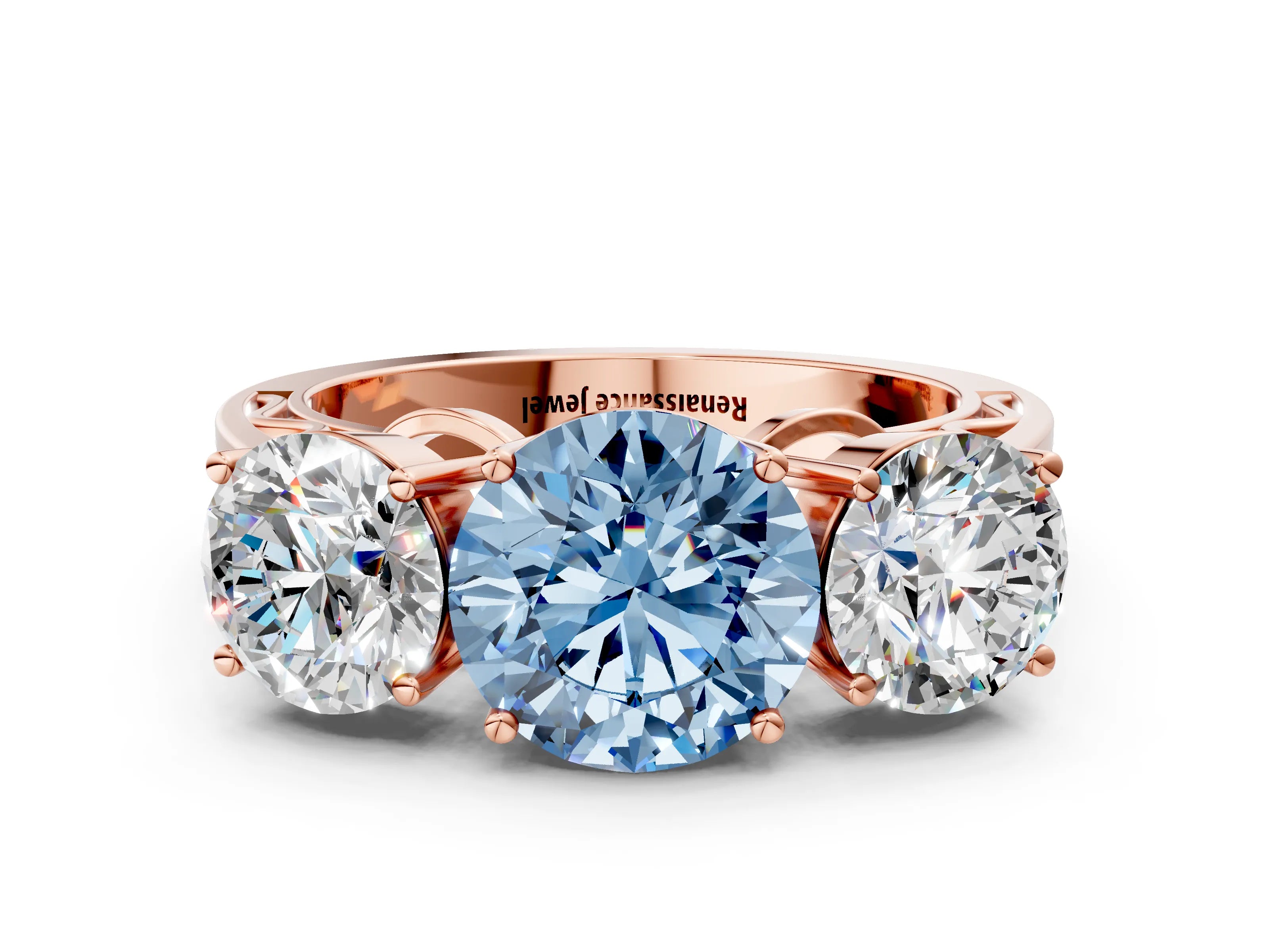 Rose gold Fancy Blue Round Cut Diamond Three-Stone Ring with Prong Setting and Textured Band