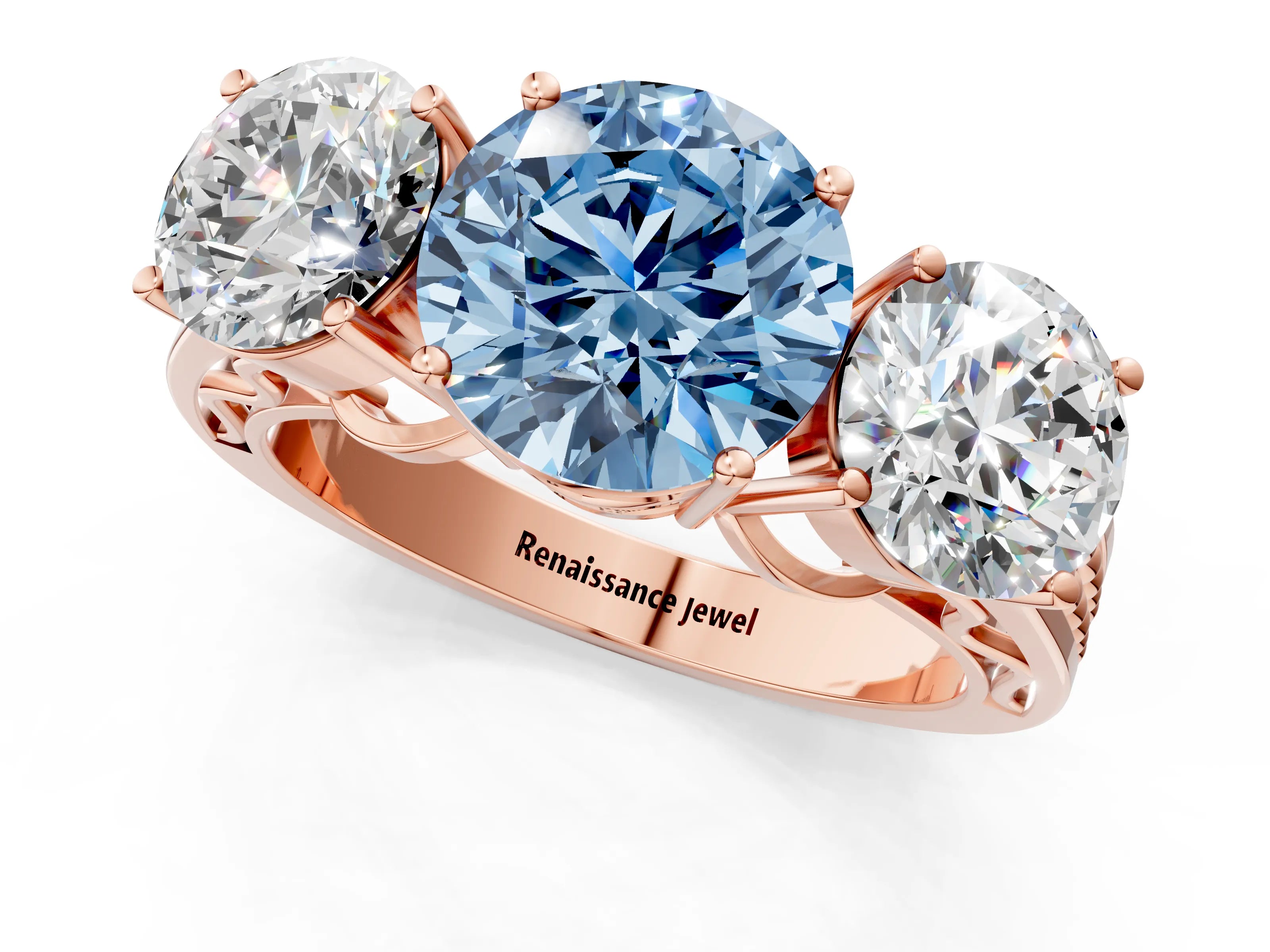 Rose gold Fancy Blue Round Cut Diamond Three-Stone Ring with Prong Setting and Textured Band_1