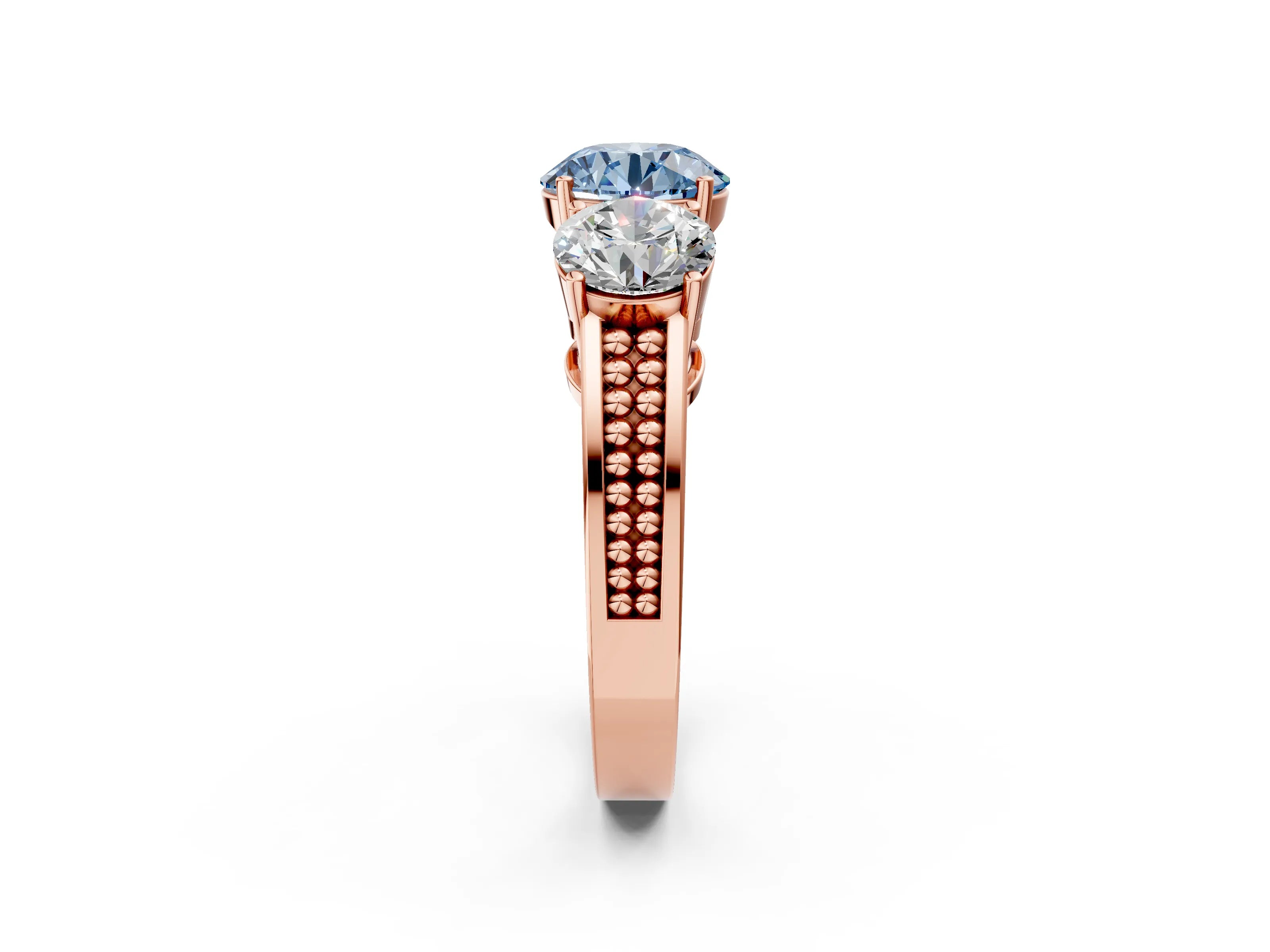 Rose gold Fancy Blue Round Cut Diamond Three-Stone Ring with Prong Setting and Textured Band_2