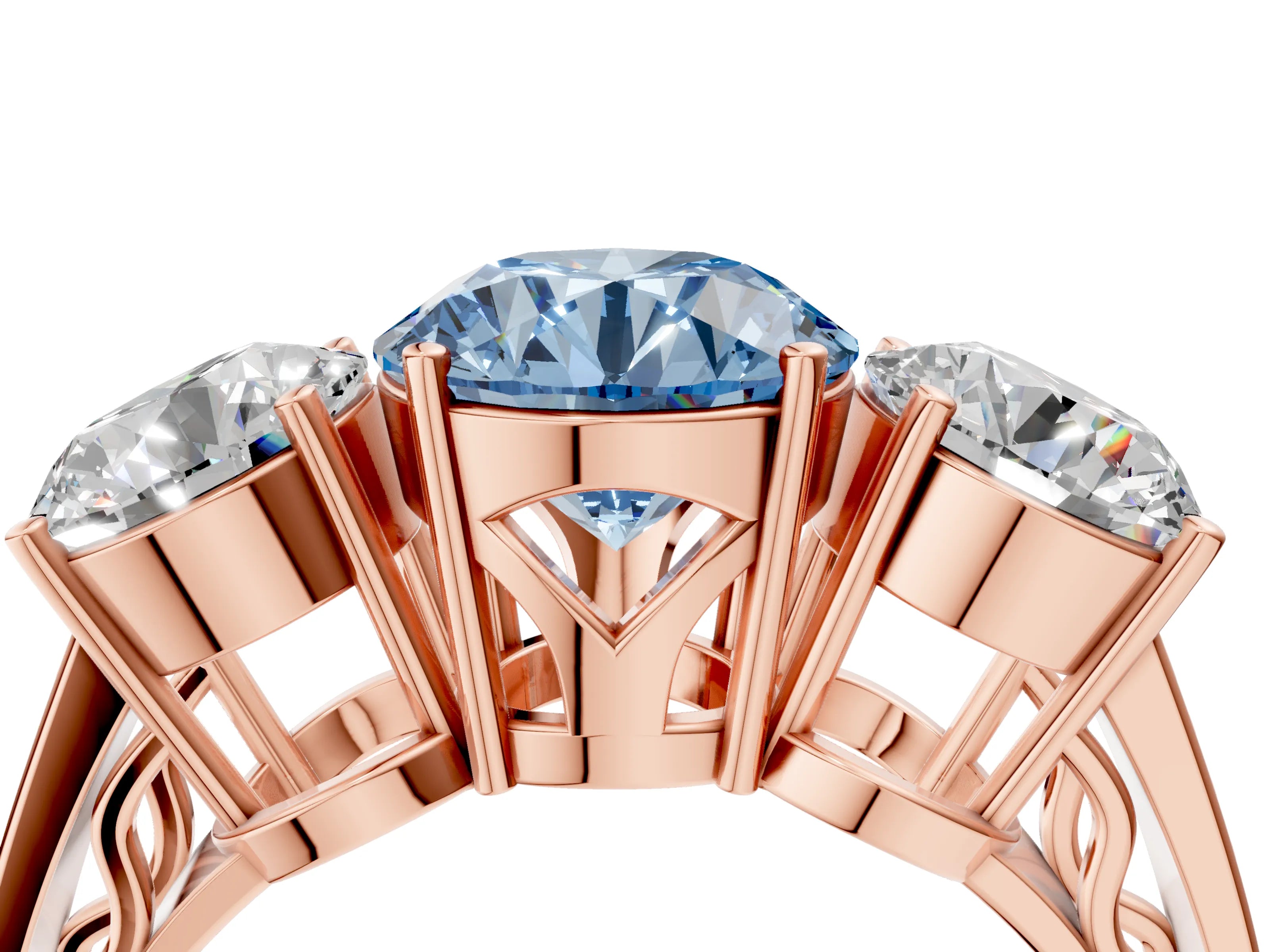 Rose gold Fancy Blue Round Cut Diamond Three-Stone Ring with Prong Setting and Textured Band_4