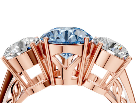 Rose gold Fancy Blue Round Cut Diamond Three-Stone Ring with Prong Setting and Textured Band_4