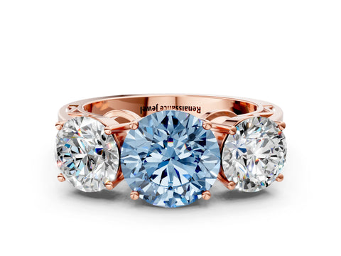 Rose gold Fancy Blue Round Cut Diamond Three-Stone Ring with Prong Setting and Textured Band