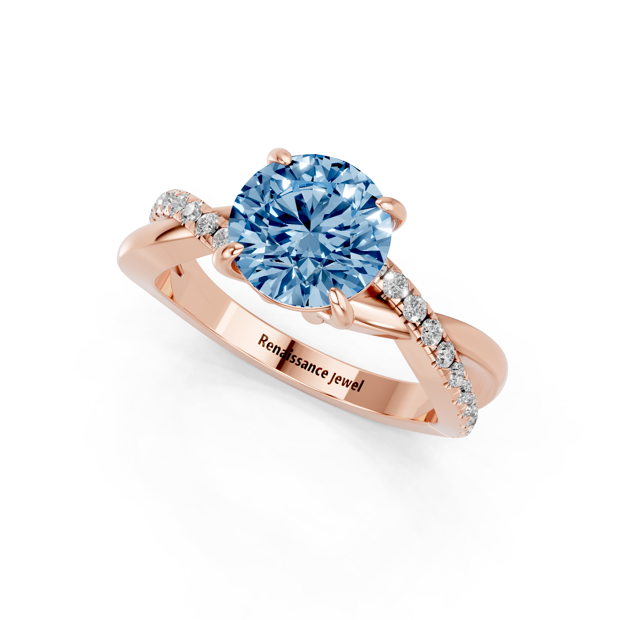 Rose gold Fancy Blue Round  Cut Diamond Twist Band Solitaire with Prong Setting_3