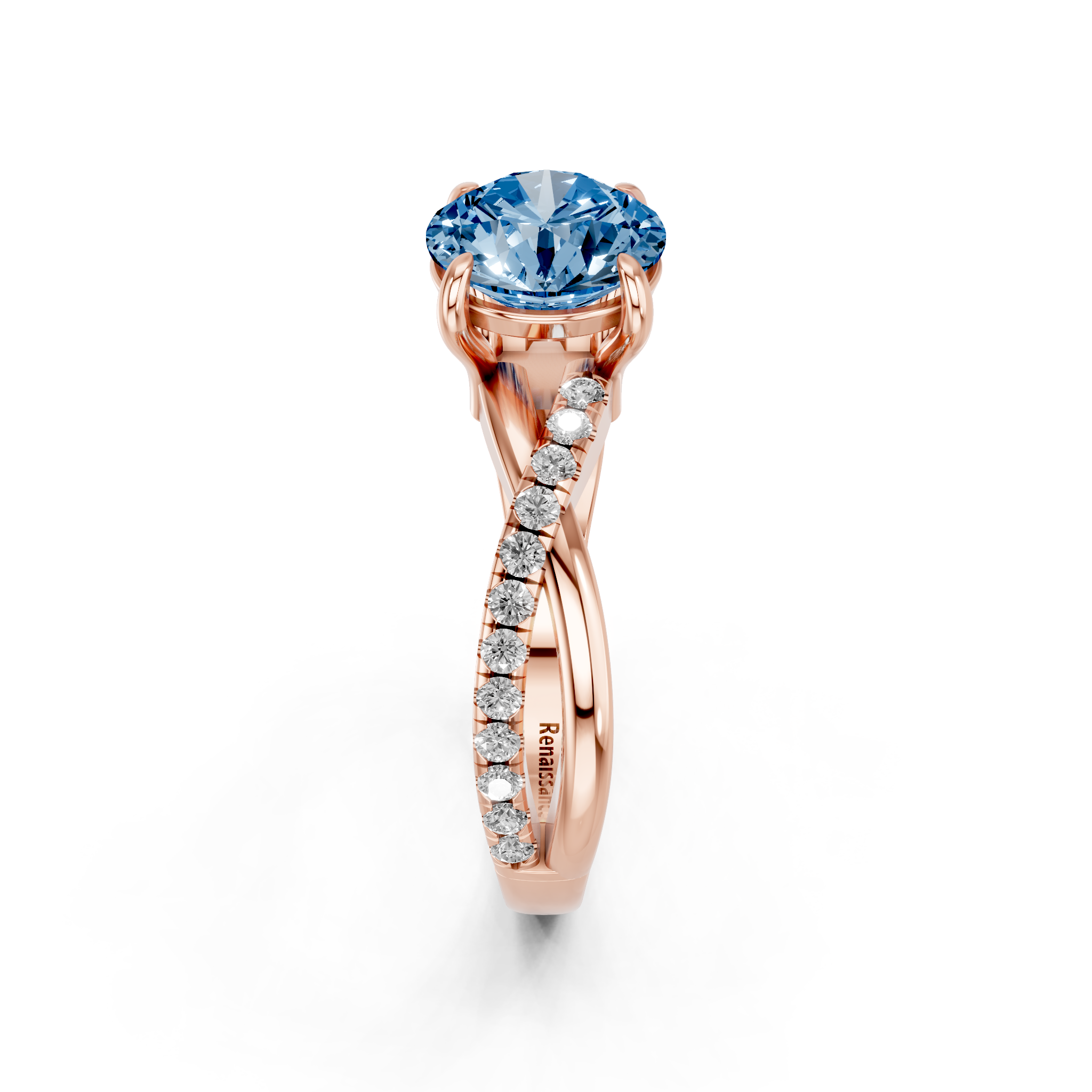 Rose gold Fancy Blue Round  Cut Diamond Twist Band Solitaire with Prong Setting_4
