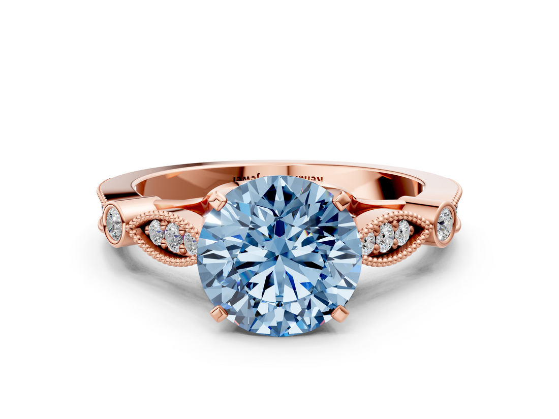 Rose gold Fancy Blue Round  Cut Diamond with Milgrain Marquise and Bezel Accents on a Solitaire Band with Prong Setting_172