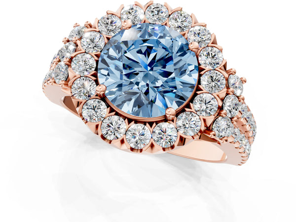 Rose gold Fancy Blue Round  Cut Double Halo Diamond Engagement Ring with Pave Band and Four-Prong Setting