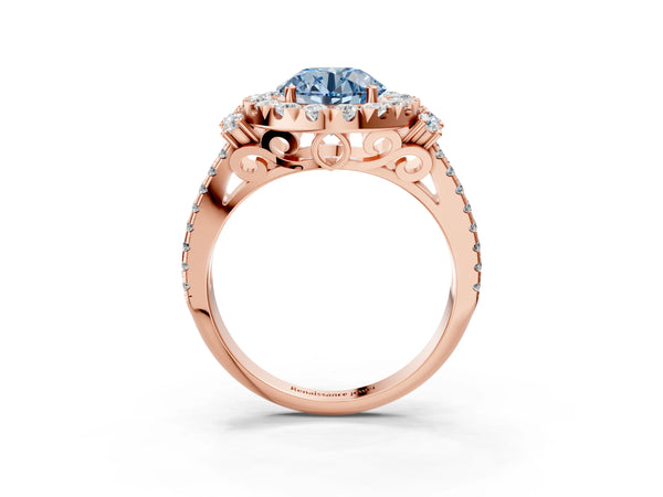 Rose gold Fancy Blue Round  Cut Double Halo Diamond Engagement Ring with Pave Band and Four-Prong Setting