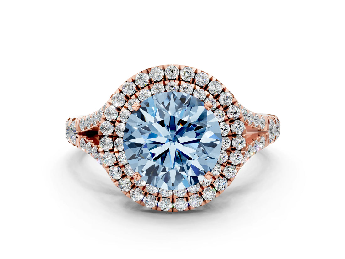 Rose gold Fancy Blue Round  Cut Double Halo Split Shank Diamond Ring with Prong Setting_49