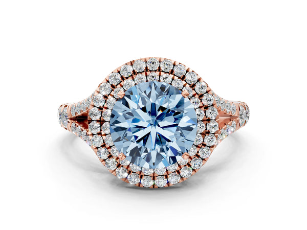 Rose gold Fancy Blue Round  Cut Double Halo Split Shank Diamond Ring with Prong Setting