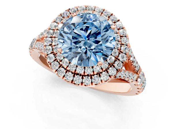 Rose gold Fancy Blue Round  Cut Double Halo Split Shank Diamond Ring with Prong Setting