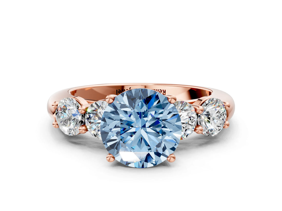 Rose gold Fancy Blue Round  Cut Five-Stone Prong Set Diamond Ring with Classic Band_32