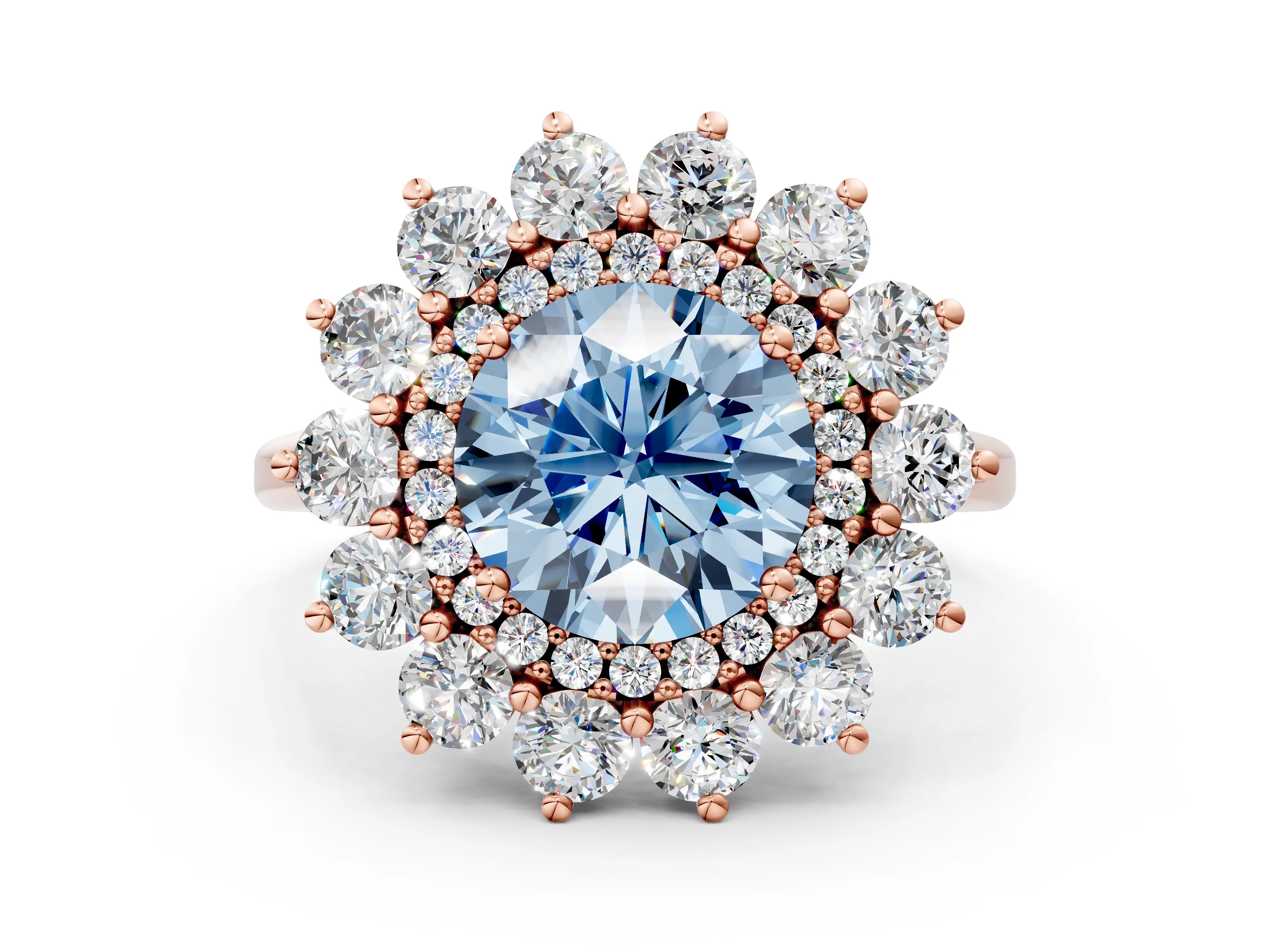 Rose gold Fancy Blue Round Cut Halo Cluster Diamond Ring with Pave Band and Four-Prong Setting_12