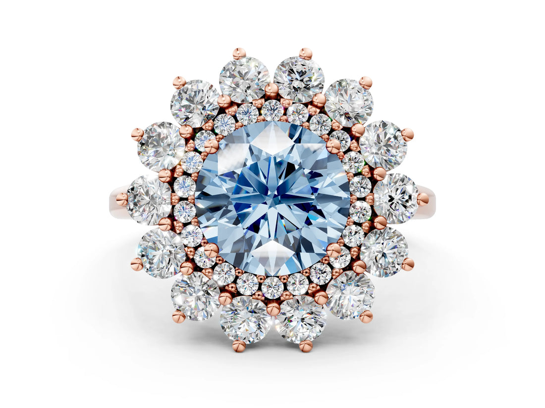 Rose gold Fancy Blue Round Cut Halo Cluster Diamond Ring with Pave Band and Four-Prong Setting_12