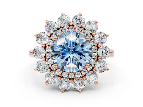 Rose gold Fancy Blue Round Cut Halo Cluster Diamond Ring with Pave Band and Four-Prong Setting_12