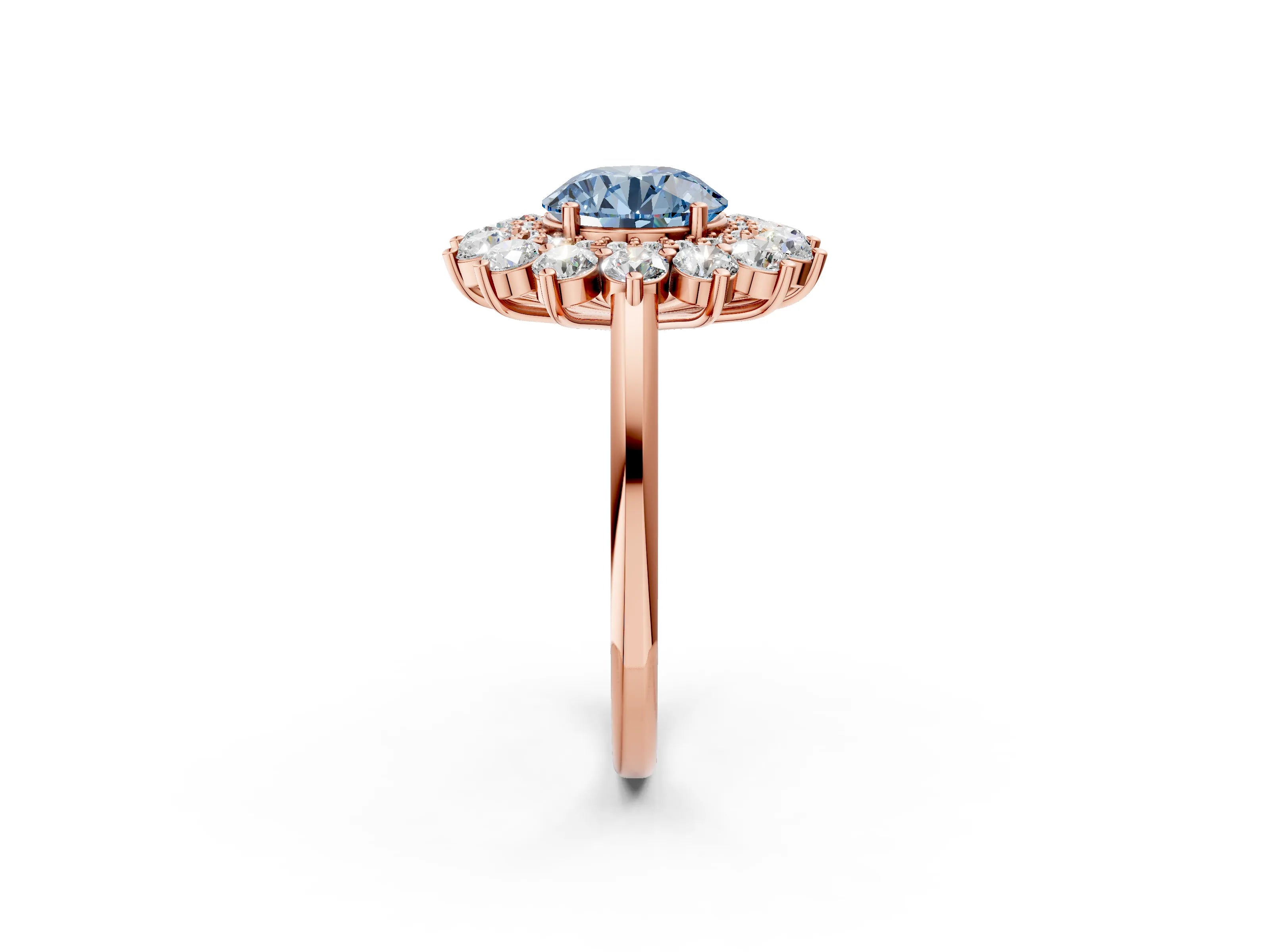 Rose gold Fancy Blue Round Cut Halo Cluster Diamond Ring with Pave Band and Four-Prong Setting_14